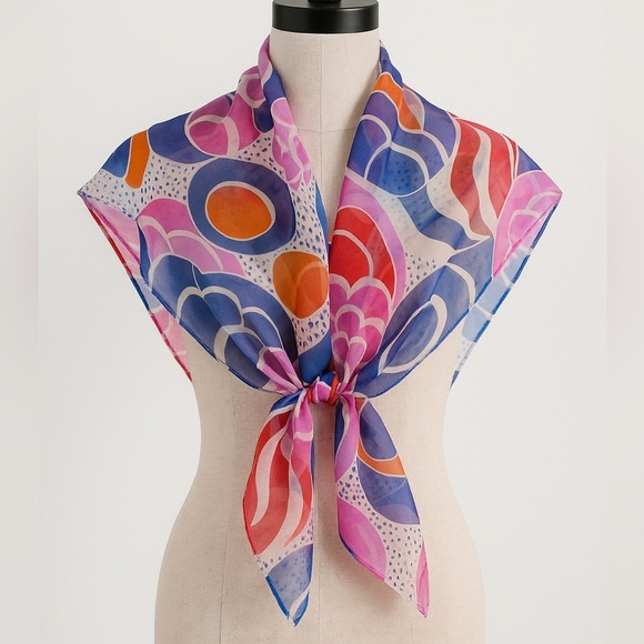 Vintage Accessories - Vintage Abstract Print Sheer Scarf – Multicolor (Pink, Blue, Orange, Red)